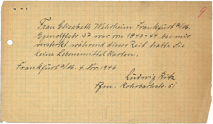 Ludwig Ritz bescheinigt die Zeit der Illegalität für Elisabeth Wehrheim © Hessisches Hauptstaatsarchiv Wiesbaden, Abt. 518-32493