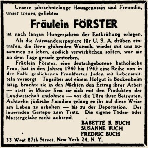 Anzeige in der Exilanten-Zeitschrift "Aufbau" vom 6. Dezember 1946